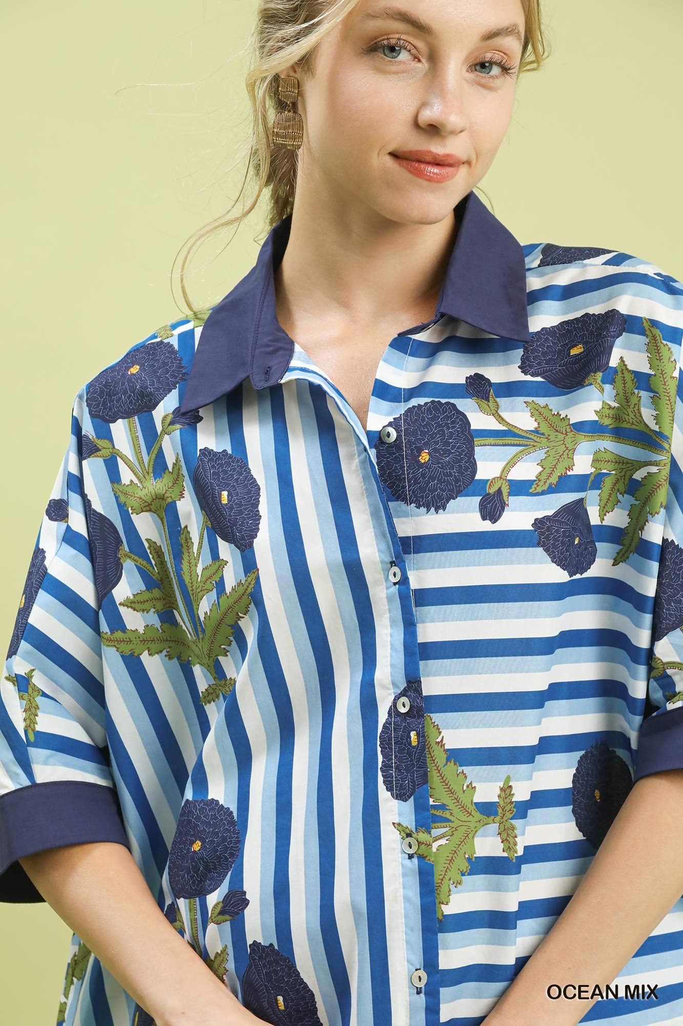 Mix Floral Stripe Button Down Top, image 3