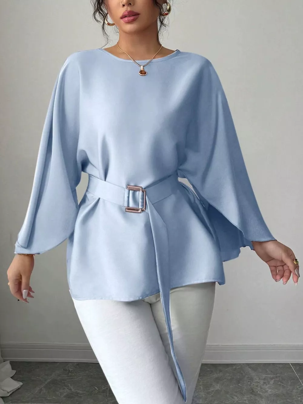Batwing Sleeve Belted Blouse