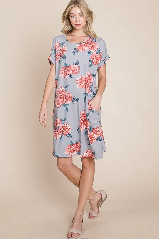Floral Round Neck Short Tee Dress with Pockets, image 4