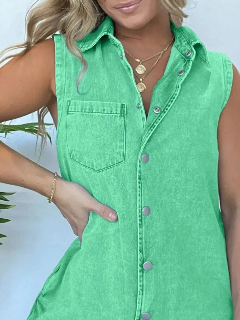 Button Front Sleeveless Denim Romper, image 9