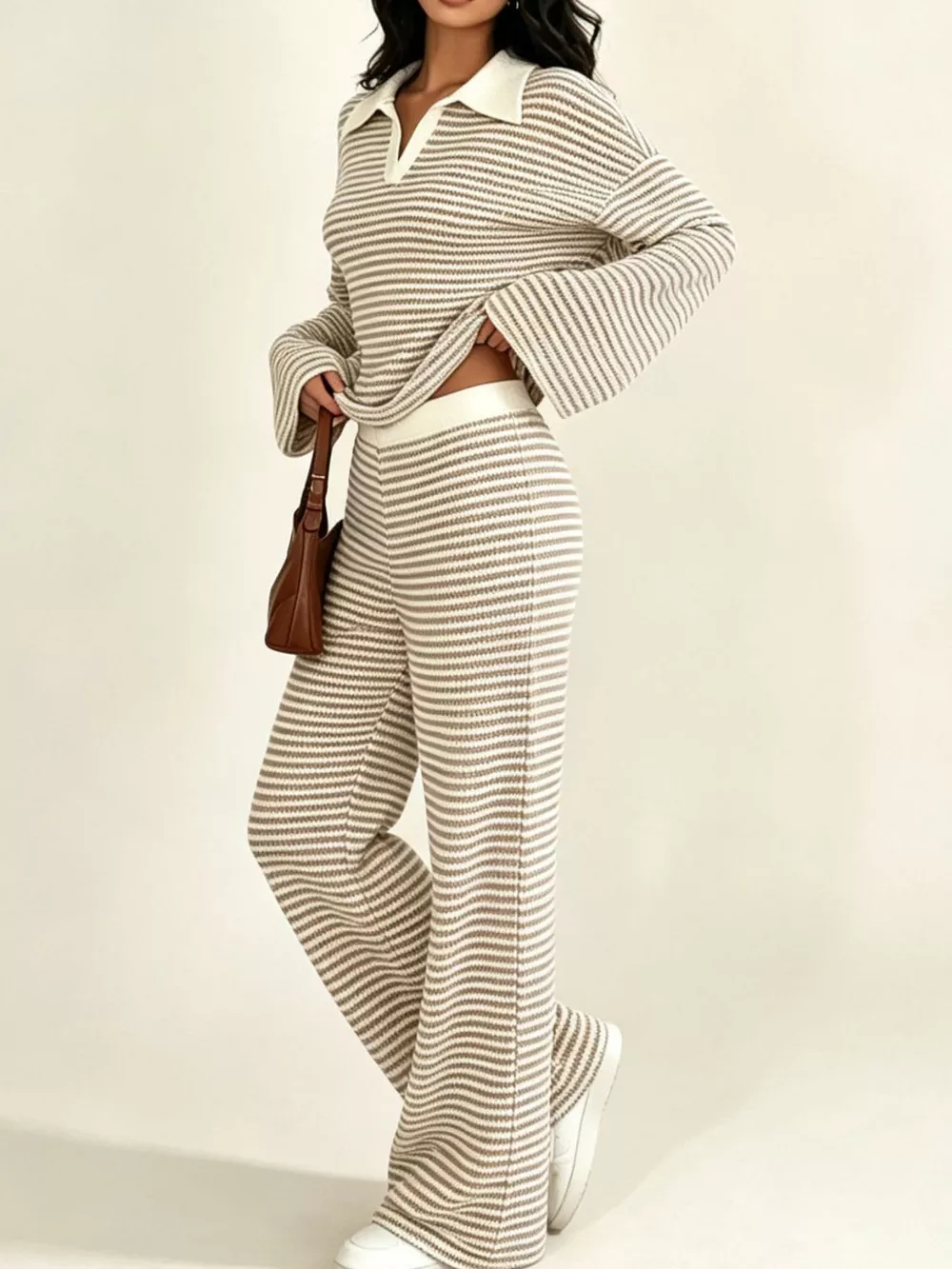 Striped Long Sleeve Polo and Wide-Leg Pants Set, image 16