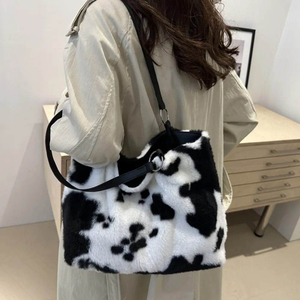 Cow Print Furry Tote Bag, image 5