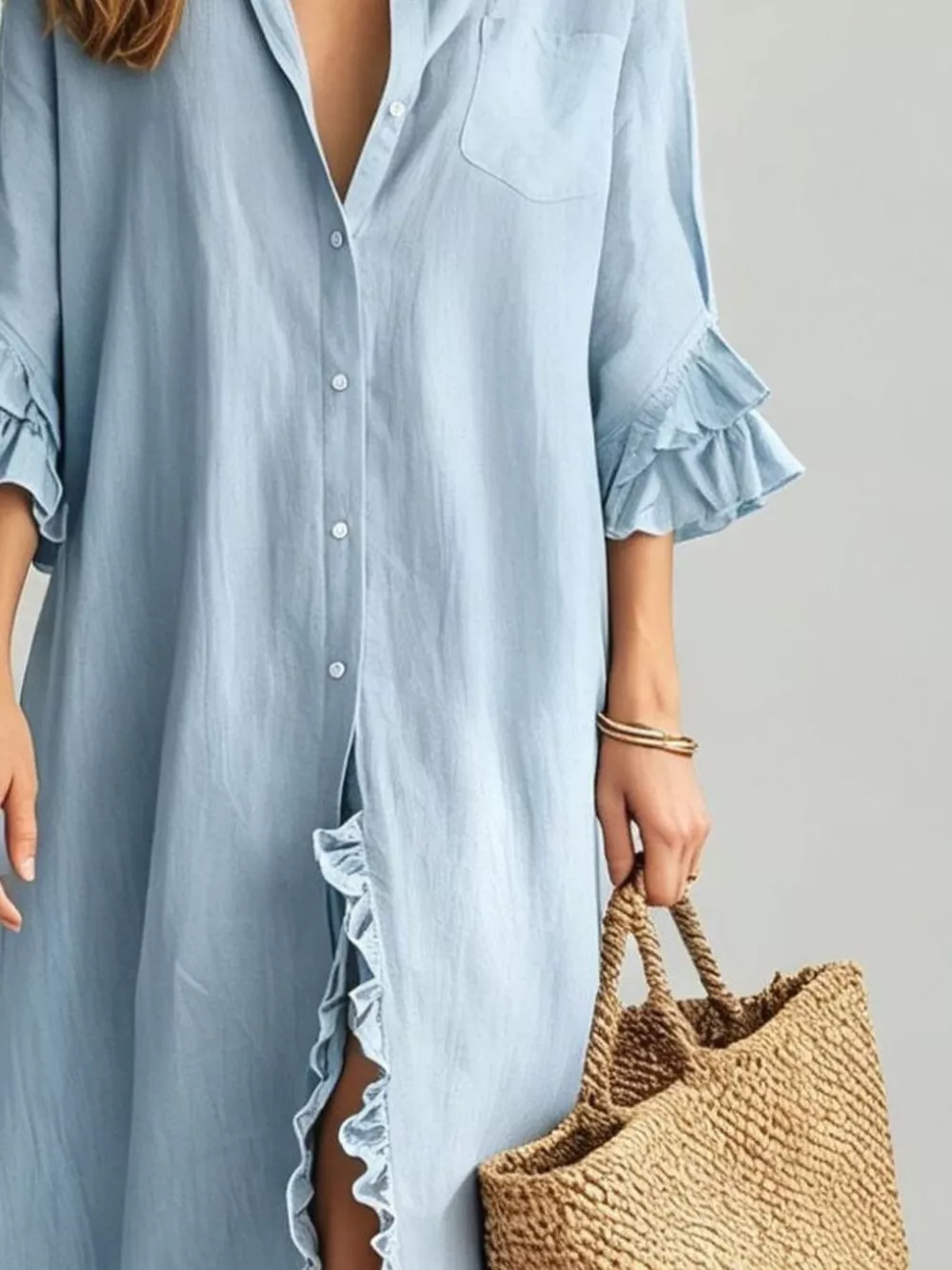 Full Size Ruffled Trim Button-Down Maxi Shirt Dress Plus Size, image 6
