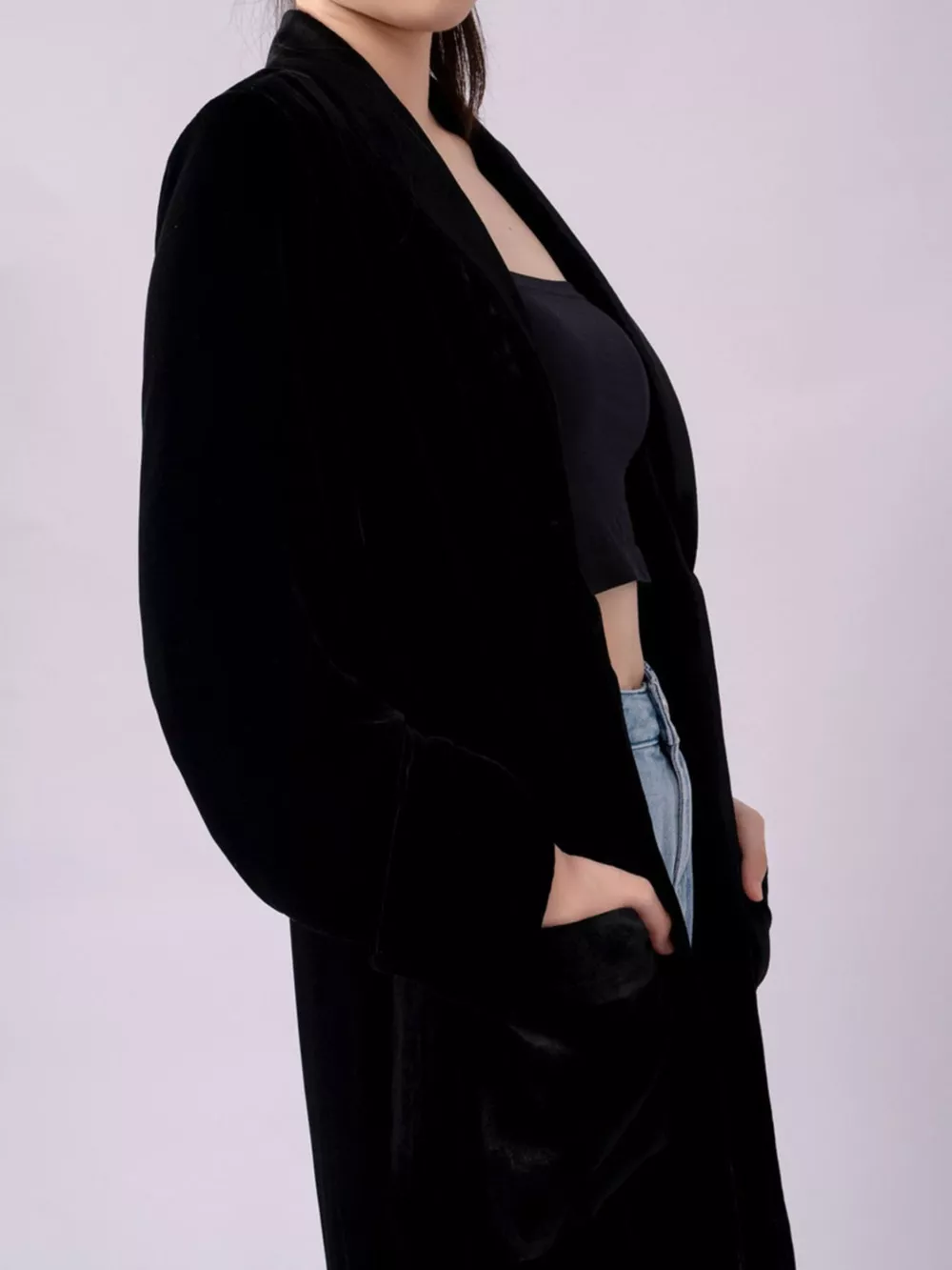 Velvet Lapel Collar Longline Coat, image 10