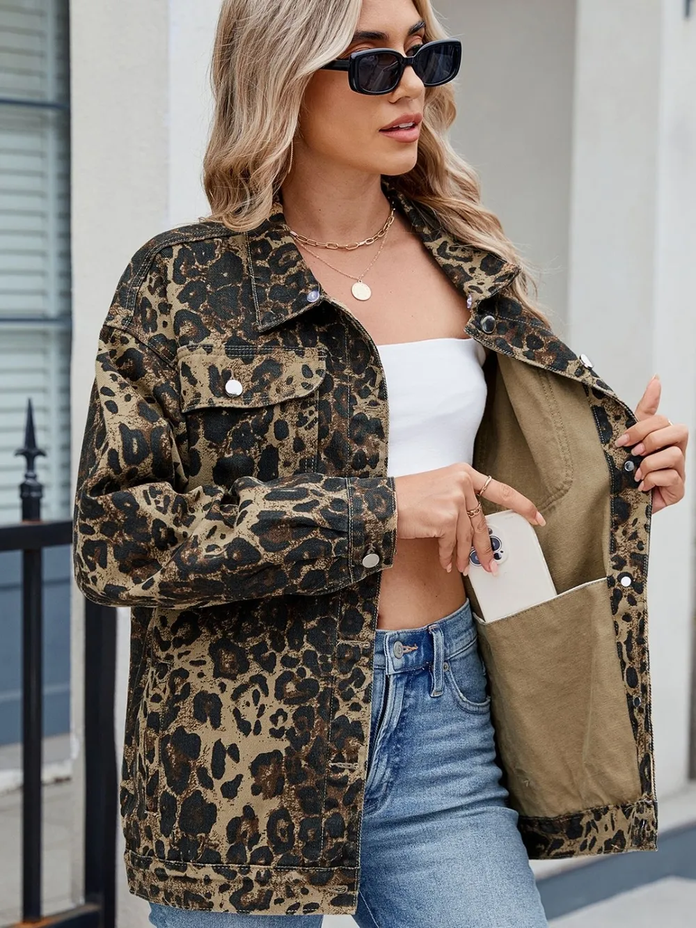 Pocketed Leopard Long Sleeve Denim Jacket, image 2