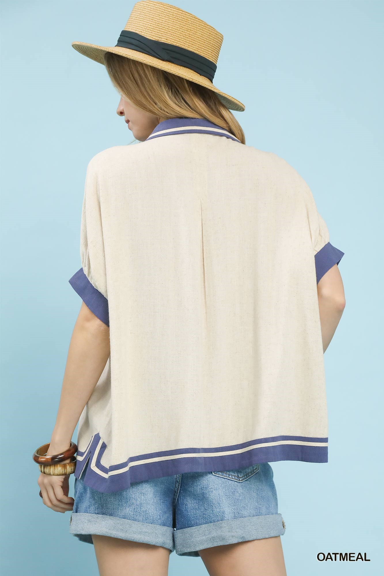 Linen Button Front Top with Contrast Piping, image 3