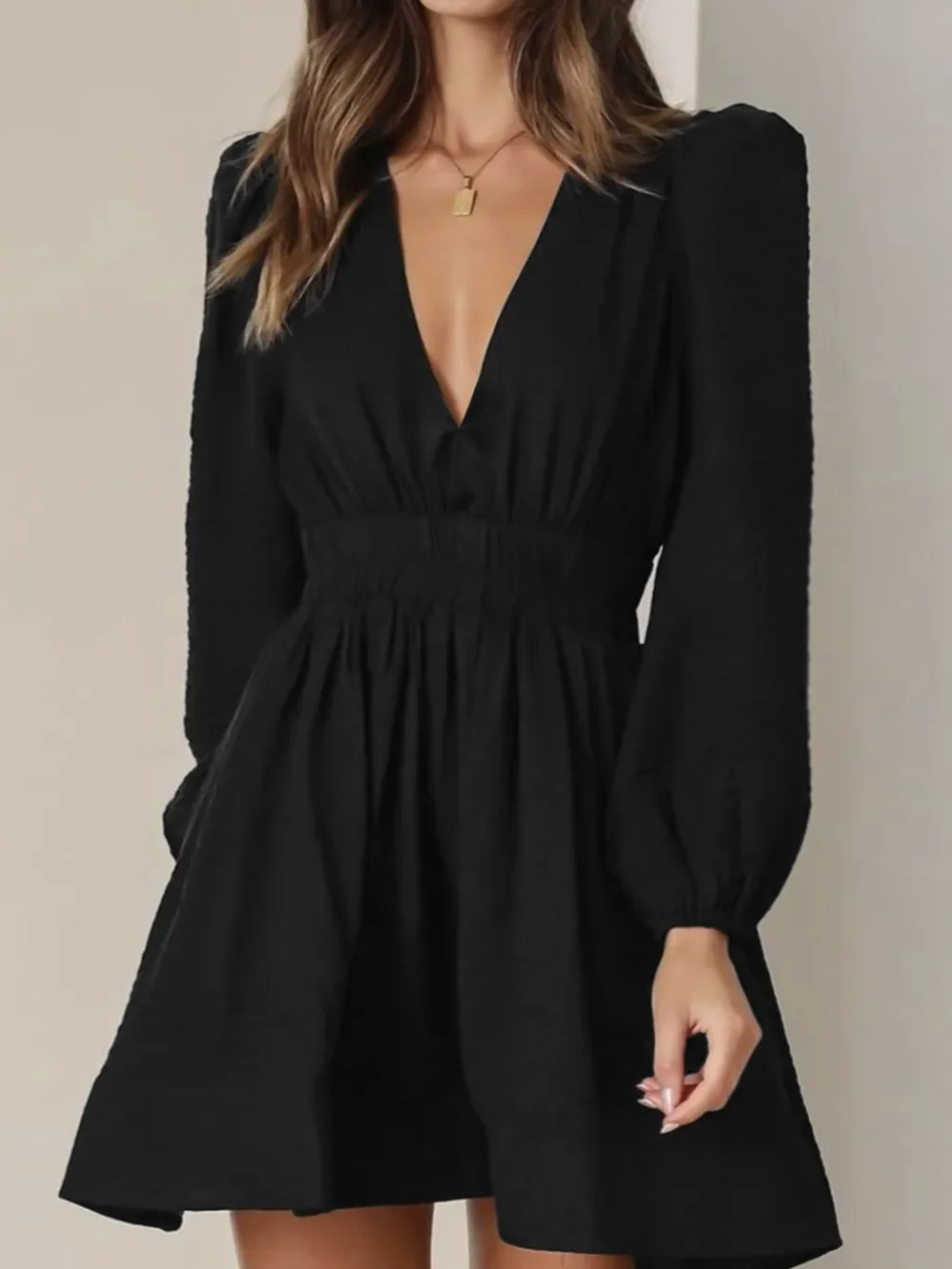 Ruched V-Neck Balloon Sleeve Mini Dress, image 5