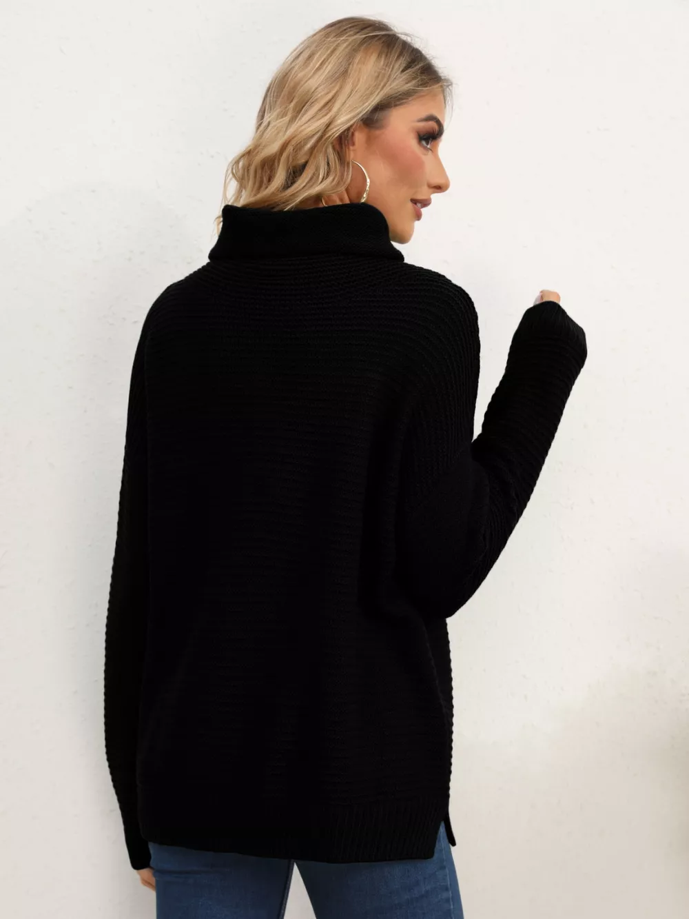 Slit Turtleneck Dropped Shoulder Sweater, image 32