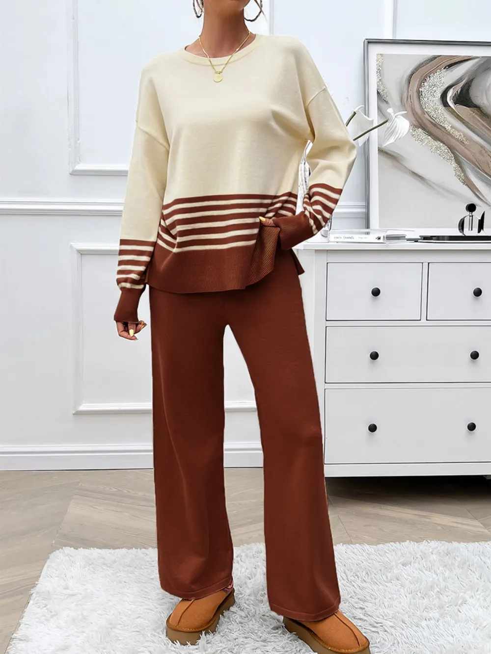 Slit Striped Round Neck Top and Pants Sweater Set, image 11