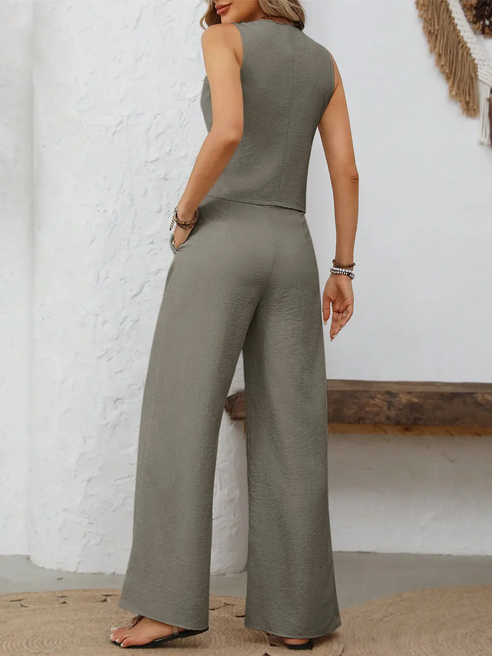 V-Neck Button Down Vest and Wide Leg Pants Set, image 3
