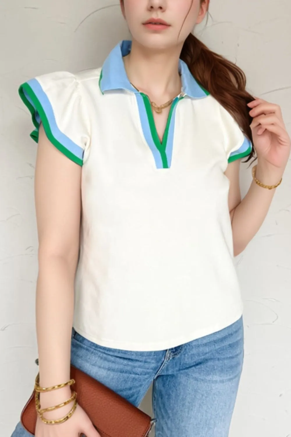 Contrast Ruffled Sleeve Collared V Neck Blouse, image 4