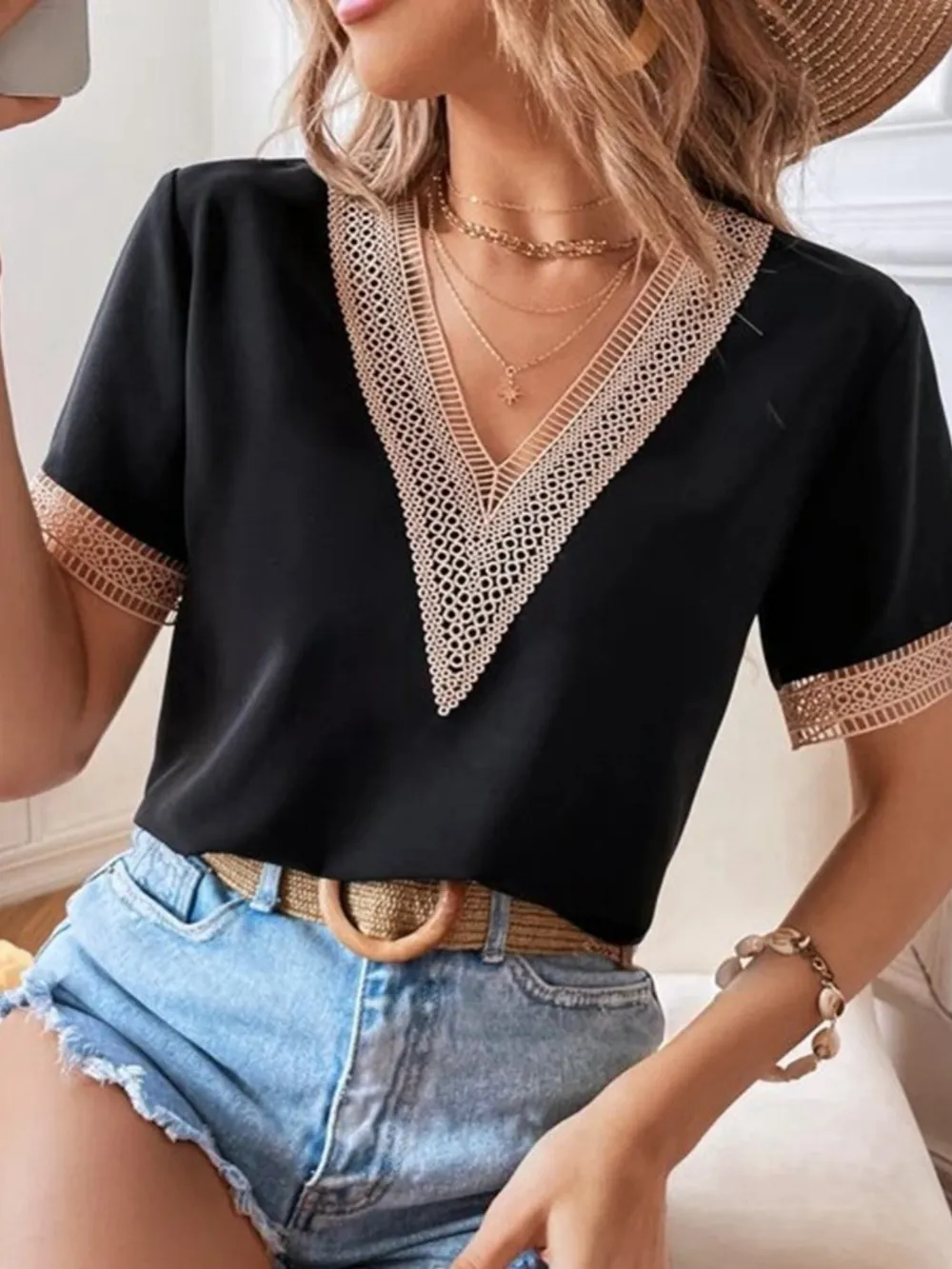 Full Size V-Neck Short Sleeve Blouse Plus Size, image 2