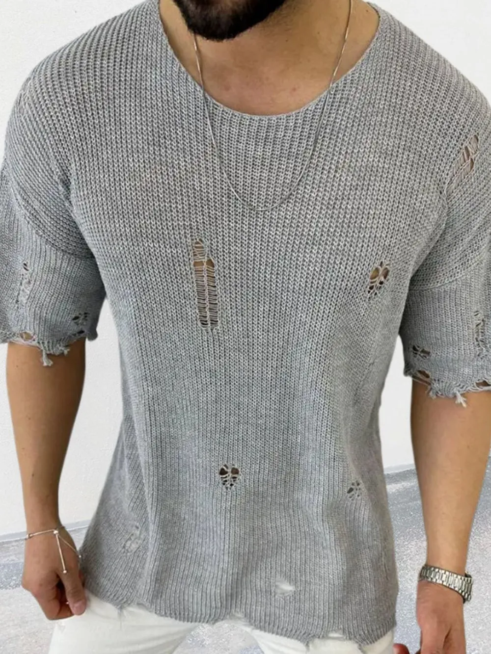 Men's Distressed Round Neck Knit Top, image 3