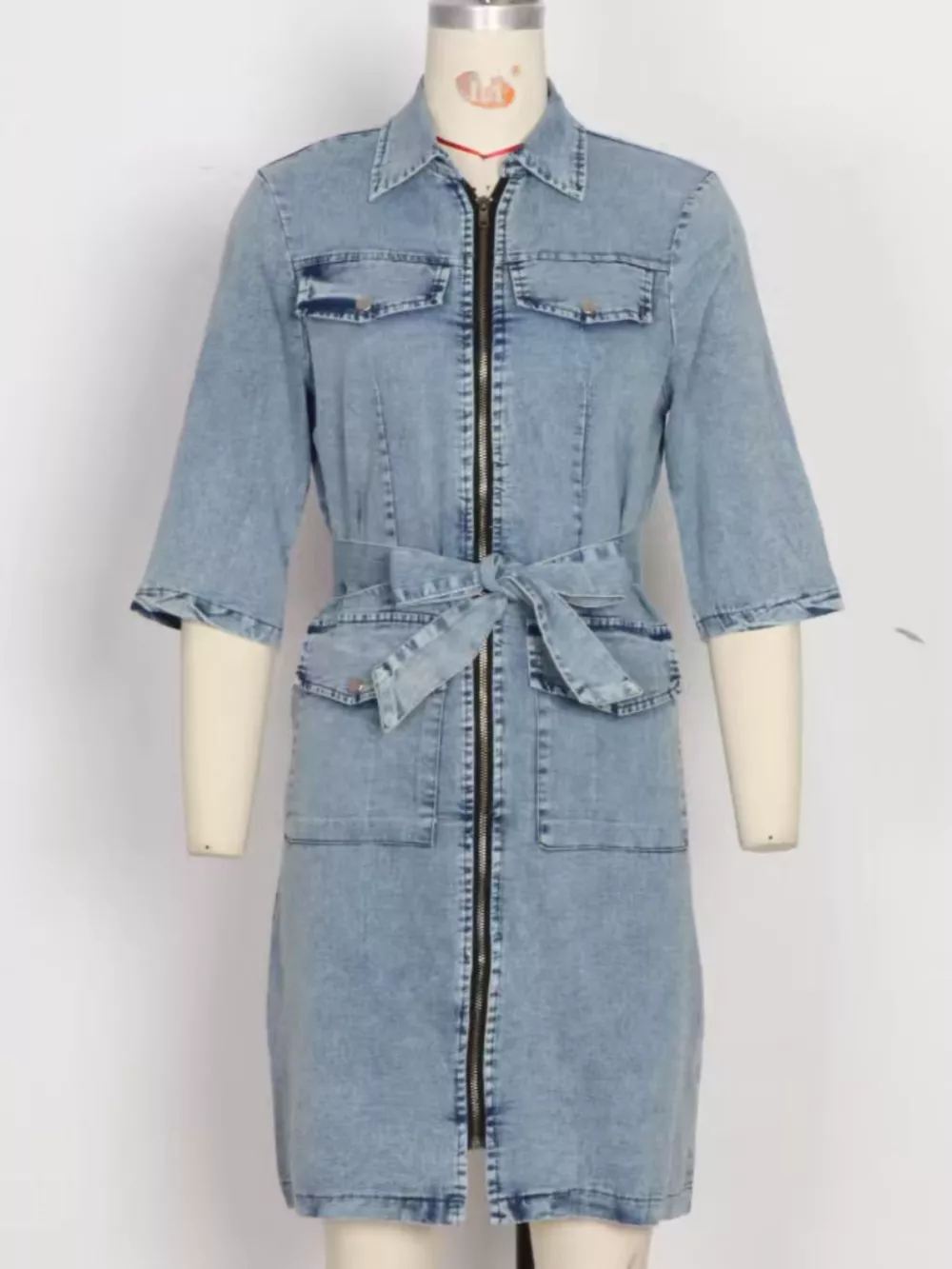 Zipper Front Short Sleeve Denim Dress, image 13