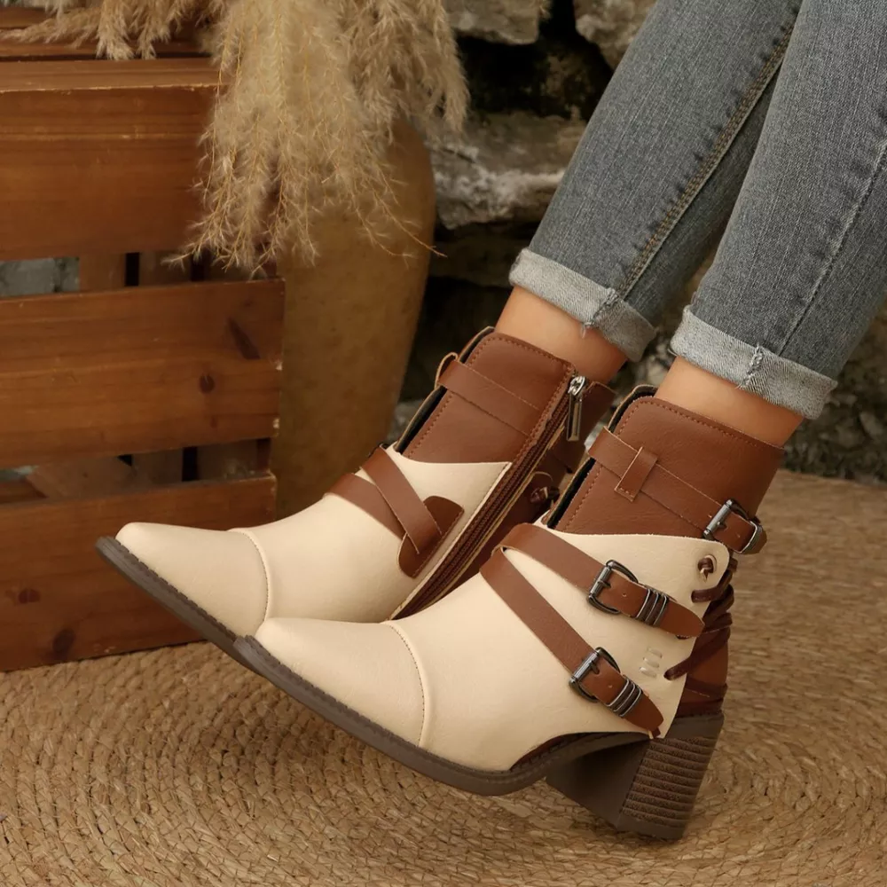 Point Toe Buckle Strap Ankle Boots with Block Heels, image 14