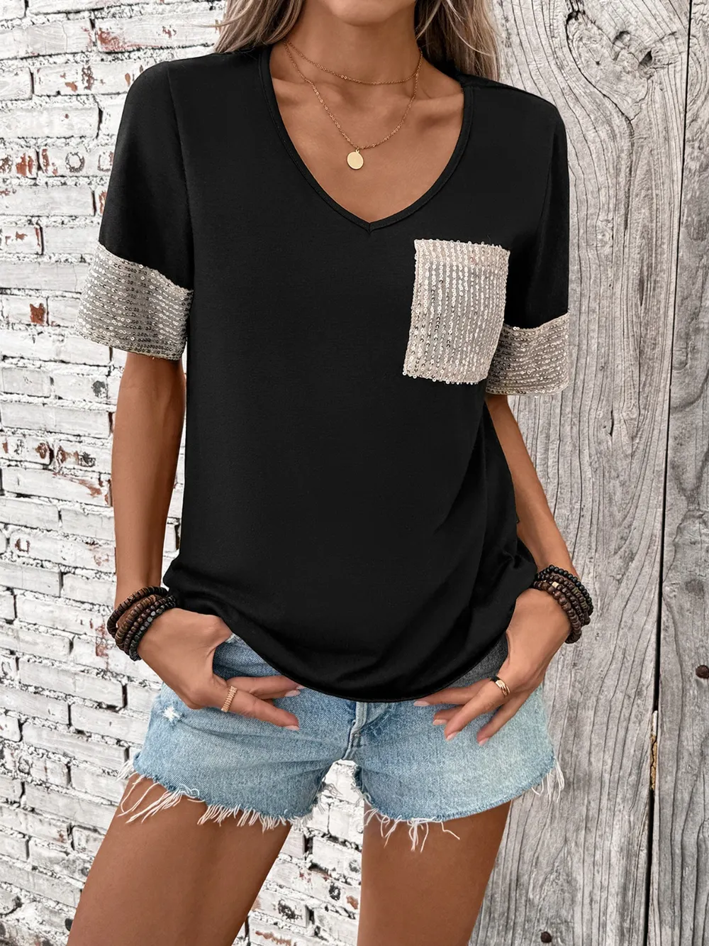 Sequin V-Neck Short Sleeve T-Shirt, image 3