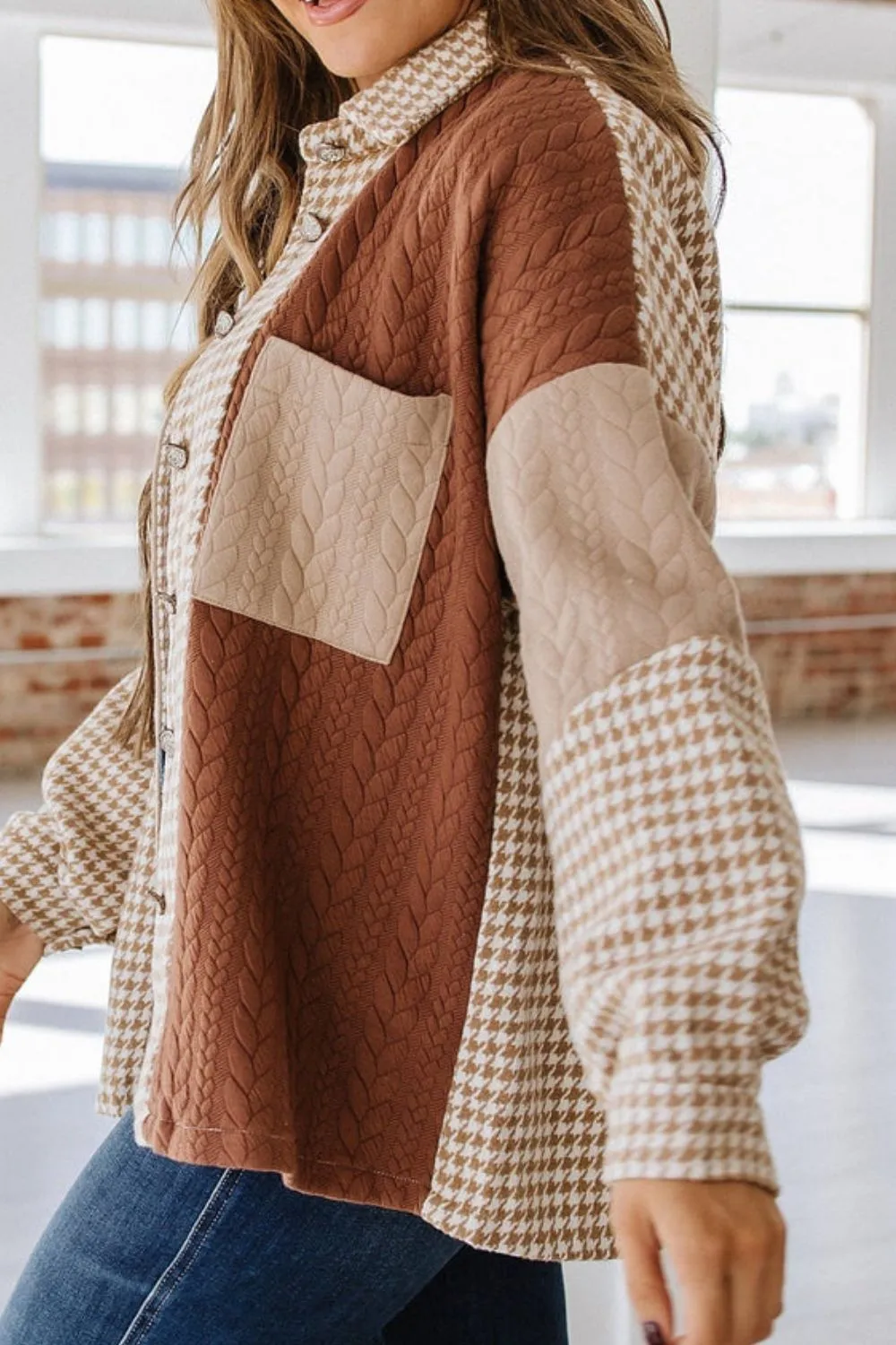Color Block Houndstooth Collared Neck Shacket, image 11