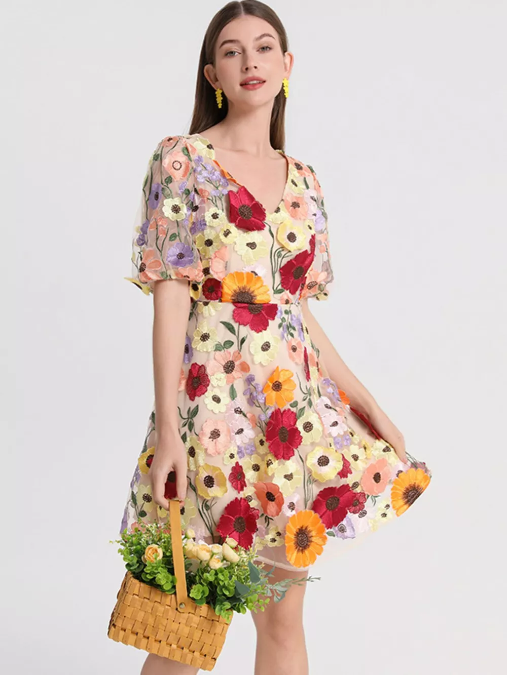Plus Size Embroidered Floral V-Neck Mini Dress, image 3