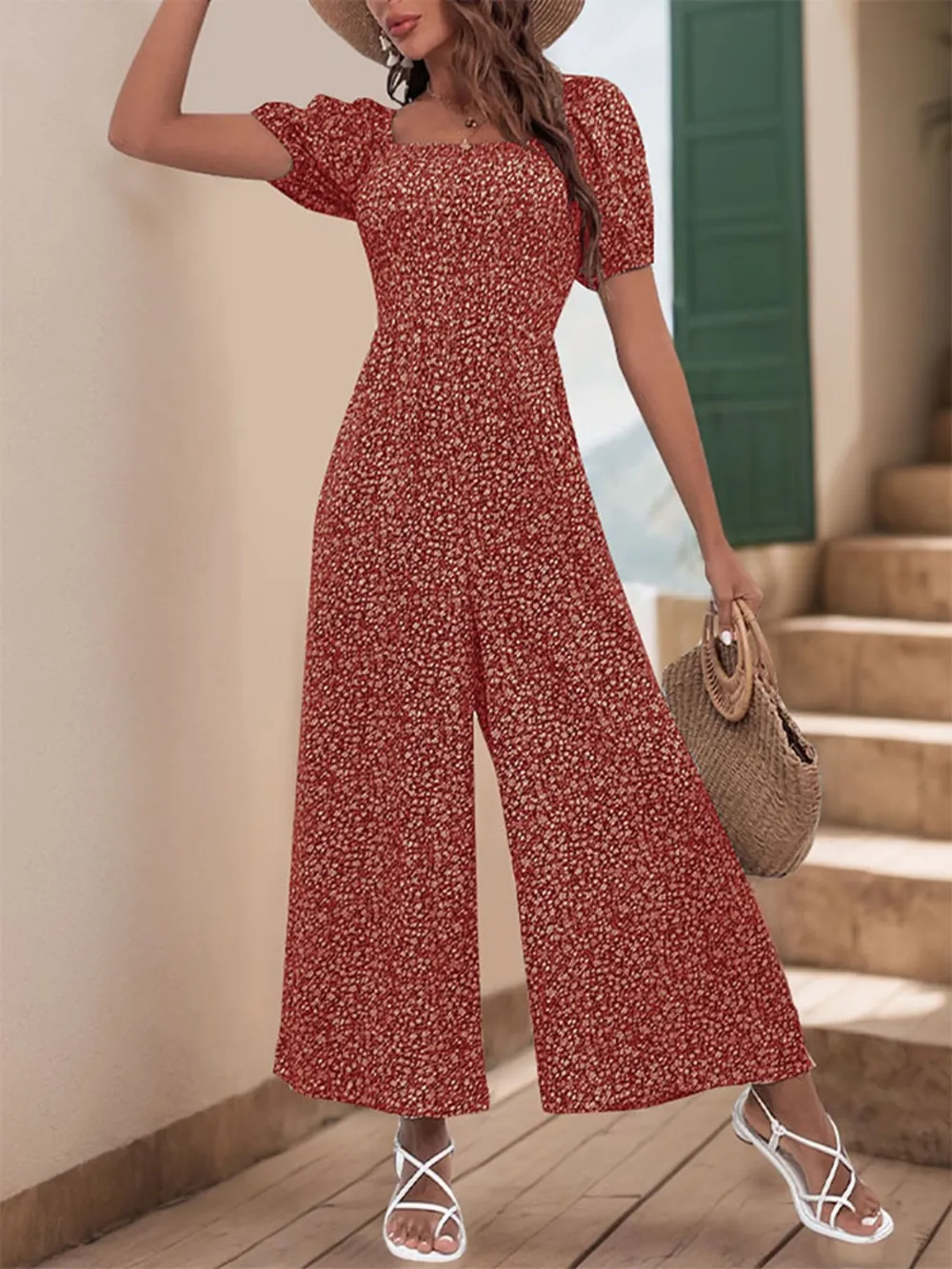 Printed Square Neck Puff Sleeve Jumpsuit, image 5