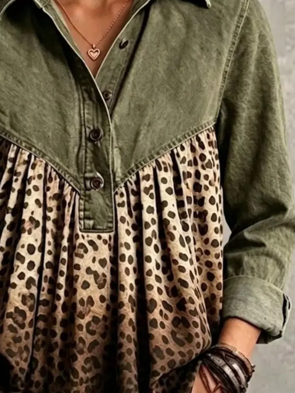 Full Size Leopard Button Detail Blouse Plus Size, image 10