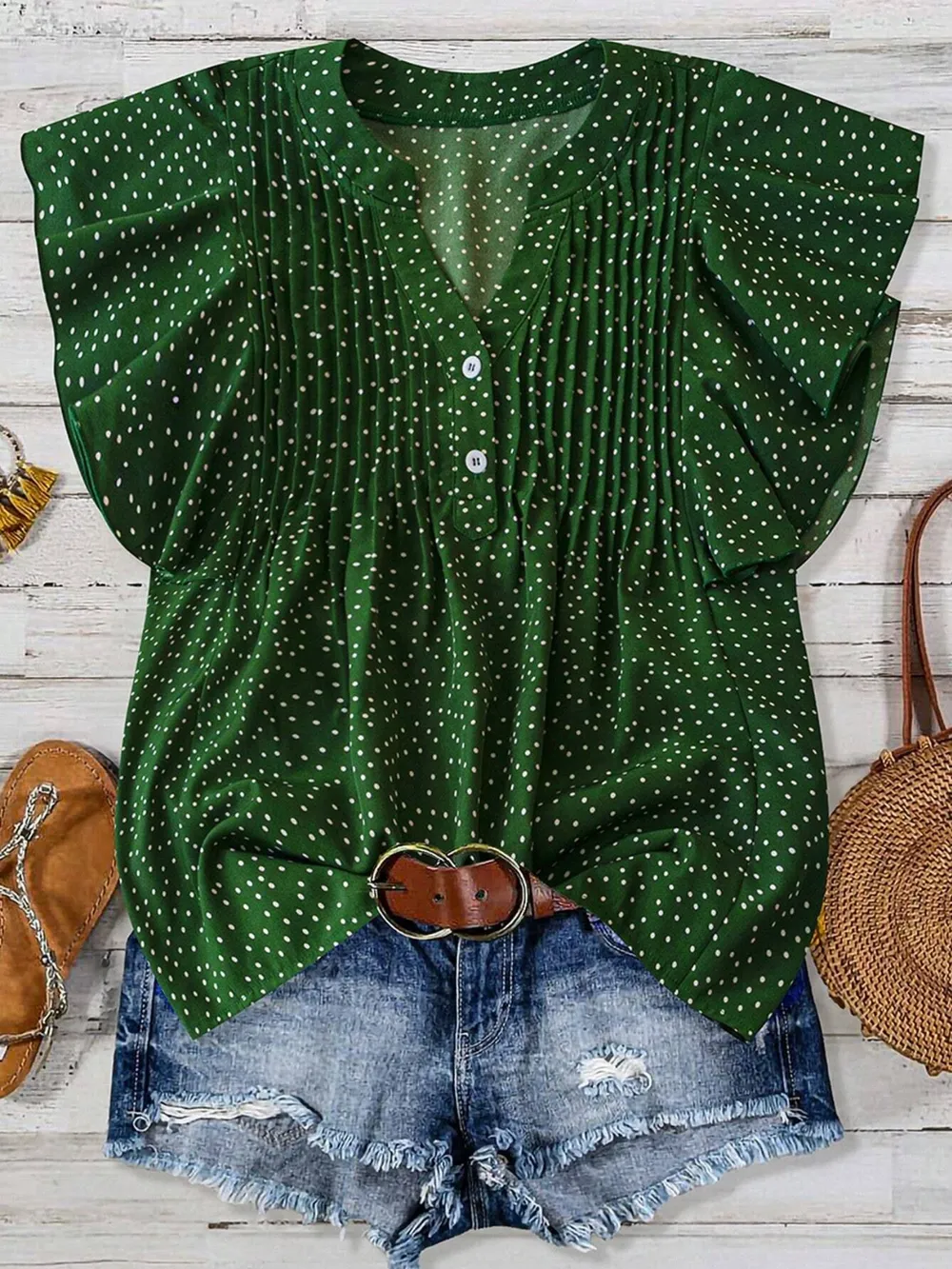 Polka Dot Notched Ruffled Cap Sleeve Blouse, image 3