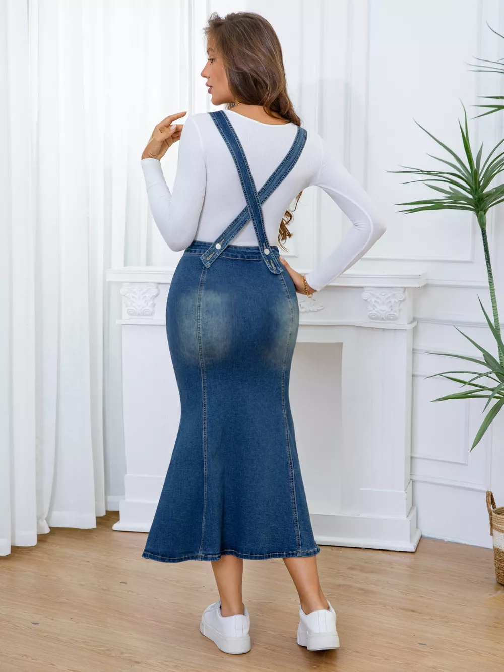 Front-Button Adjustable Fishtail Sleeveless Denim Overall Dress, image 5