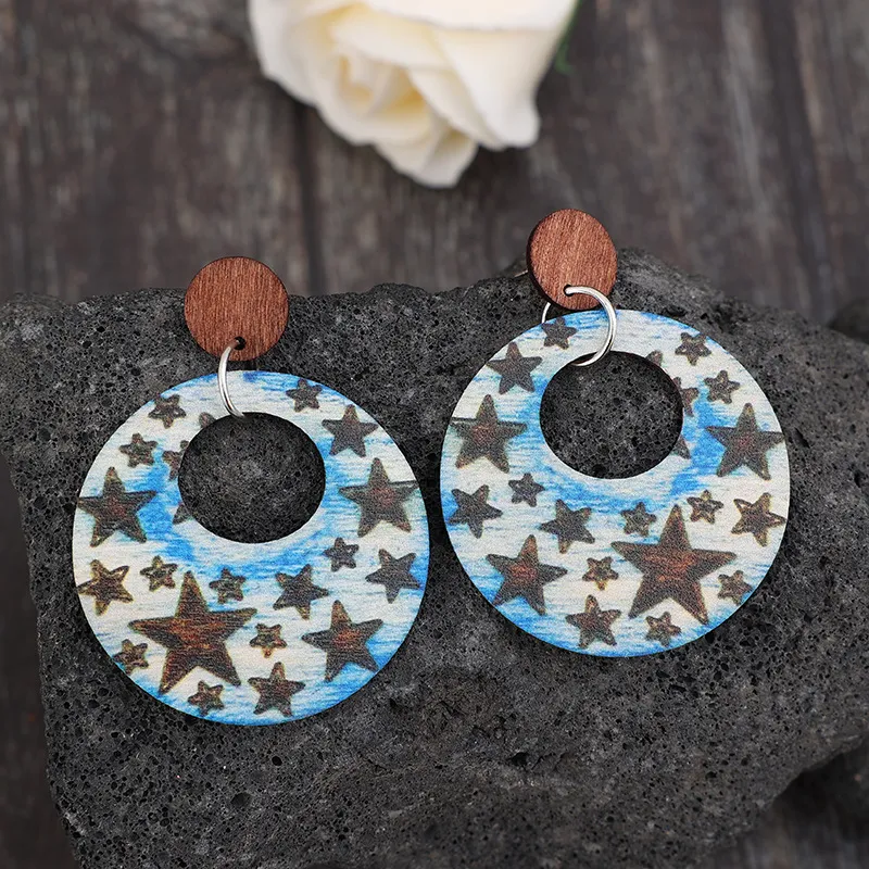 Cutout Star Print Wooden Dangle Earrings, image 2