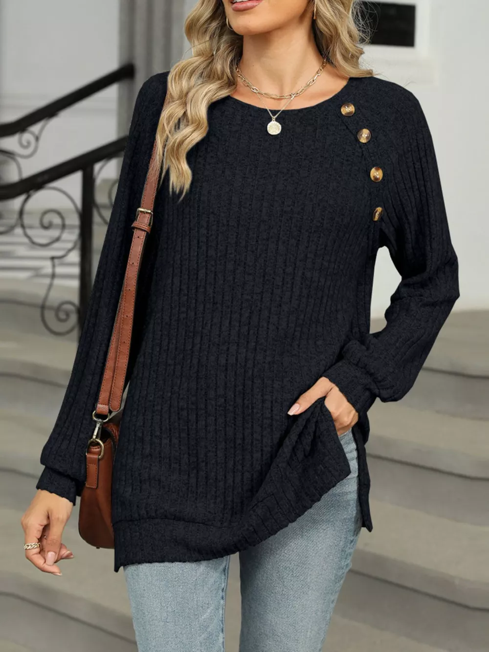 Round Neck Side Slit Ribbed Knit Top with Asymmetric Button Detail, image 17