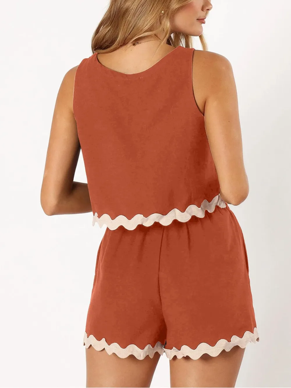 Contrast Trim Round Neck Top and Shorts Set, image 5