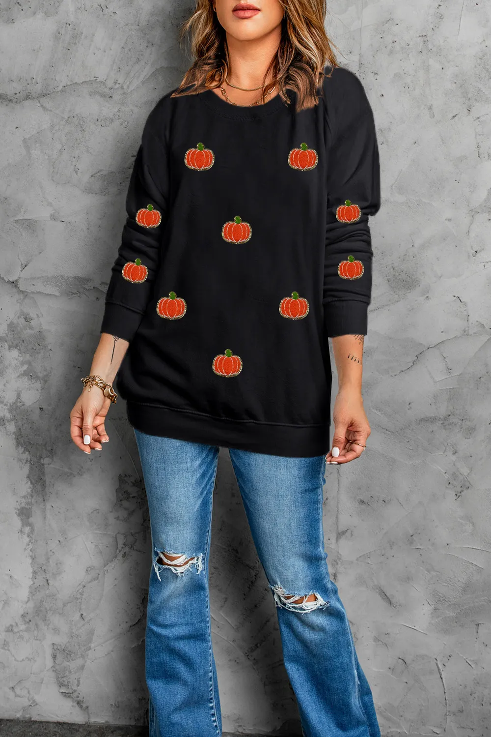Pumpkin Round Neck Long Sleeve Sweatshirt, image 2