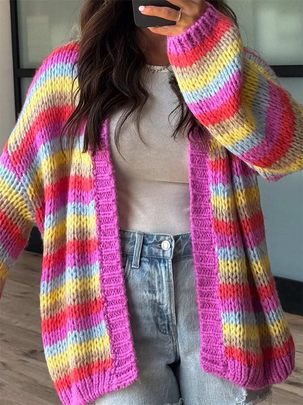 Multi-Color Striped Chunky Knit Open-Front Cardigan, image 2