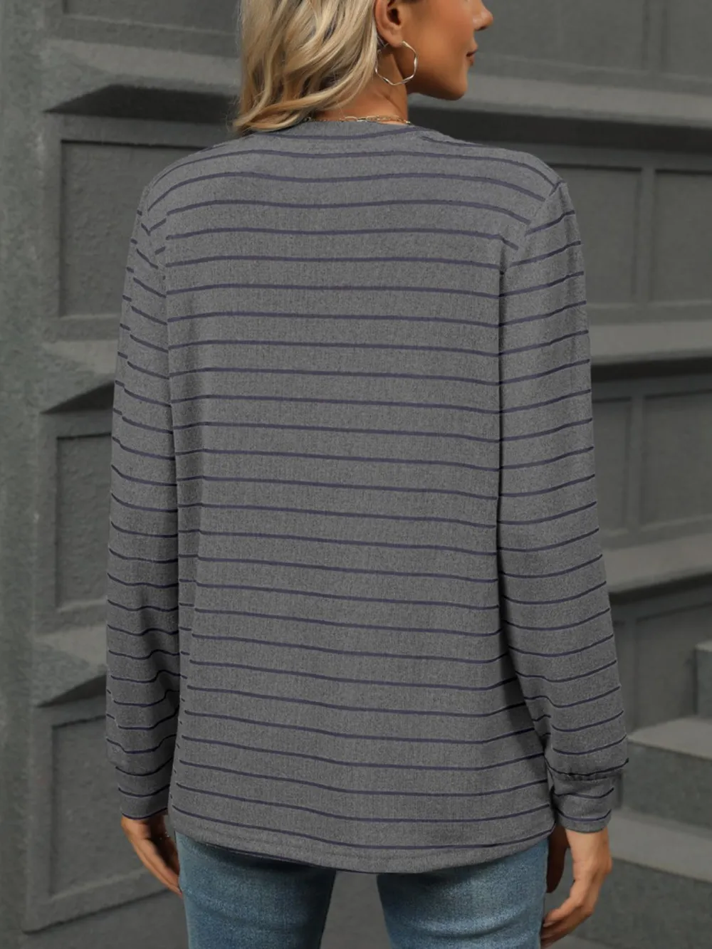 Striped Notched Long Sleeve T-Shirt, image 5