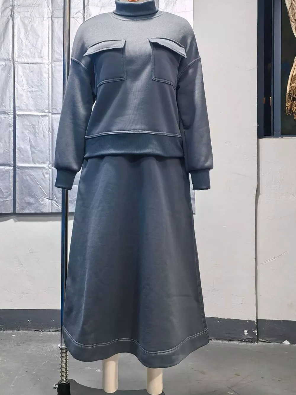 Turtleneck Knit Top and Midi Skirt Set, image 3