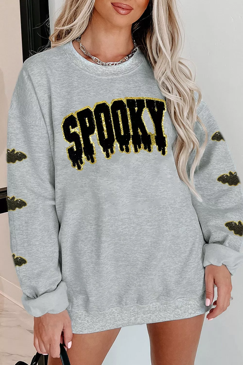 Sequin SPOOKY Halloween Bat Embellished Sleeve Pullover Sweatshirt, image 2