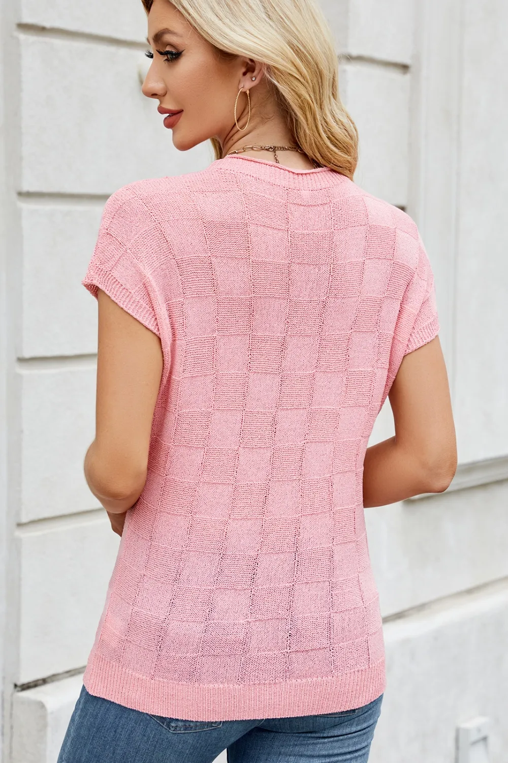 Checkered Round Neck Short Sleeve Knit Top, image 2