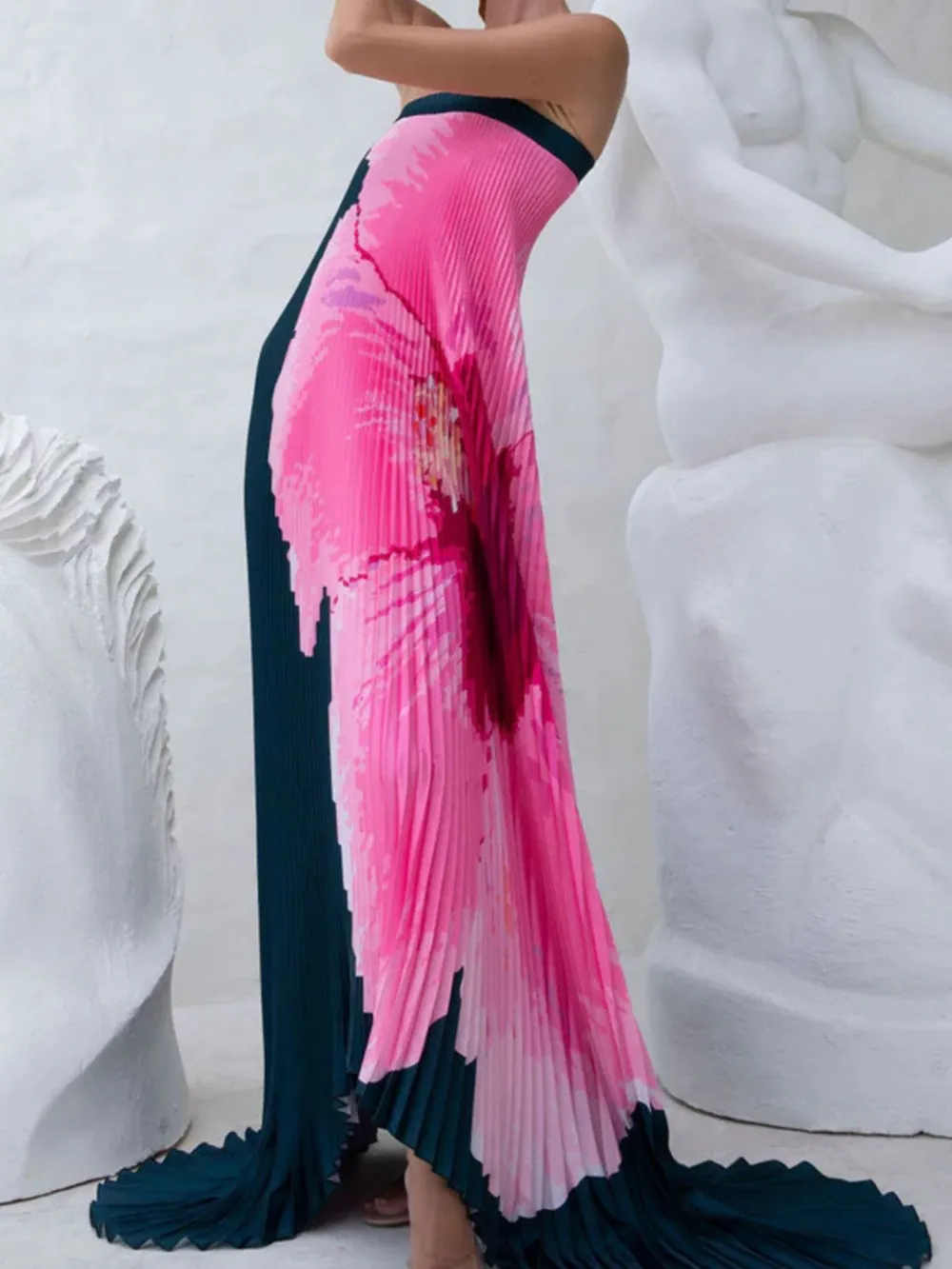 Pleated Printed Tube Floor Length Dress, image 2