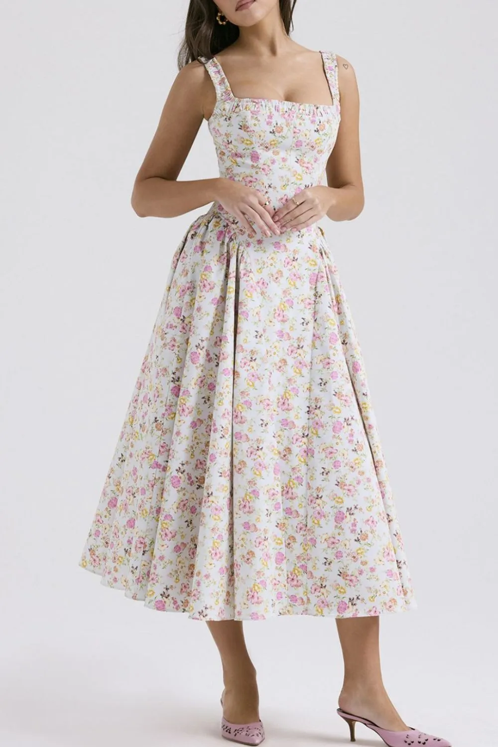 Floral Square Neck Wide Strap Midi Dress