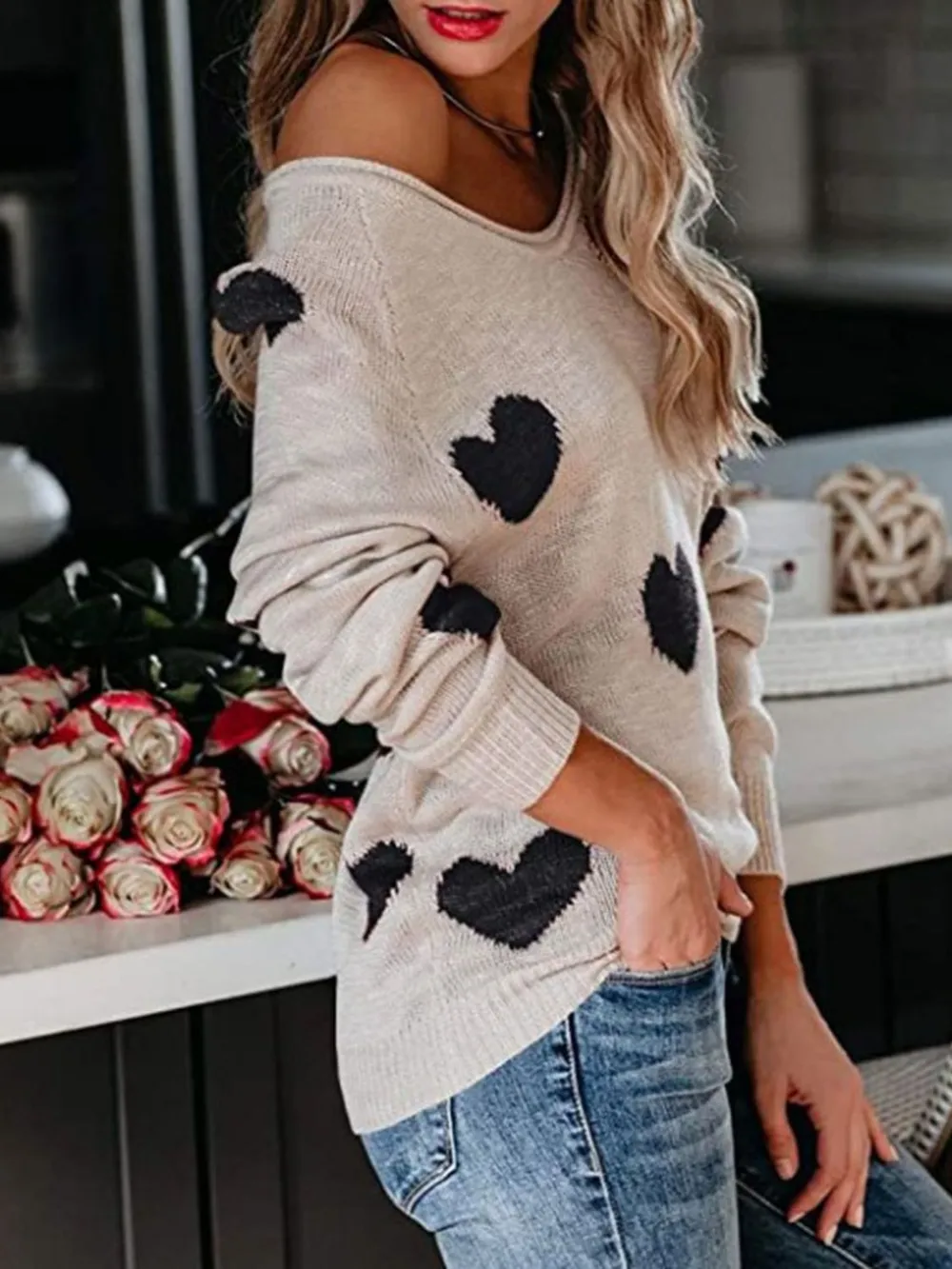 Heart Scoop Neck Long Sleeve Sweater, image 4