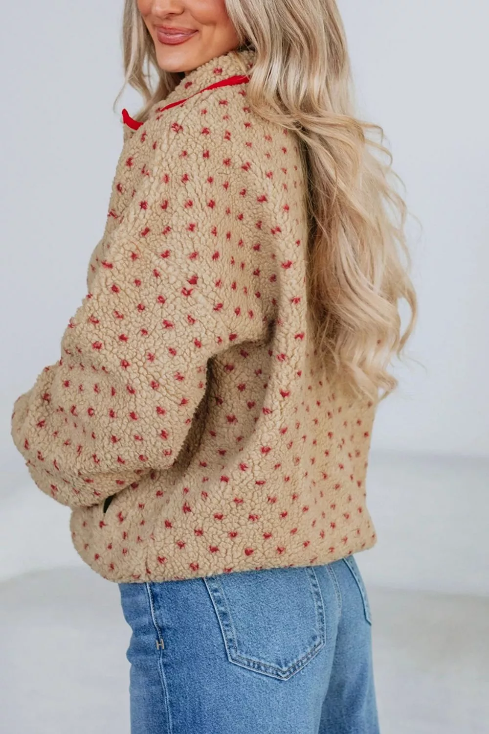 Heart Pattern Fleece Colorblock Collar Long Sleeve Sweatshirt, image 3