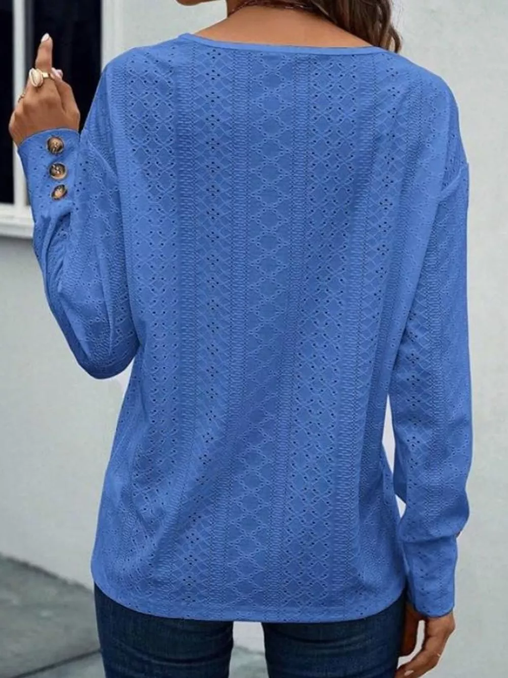 Eyelet V-Neck Long Sleeve T-Shirt, image 2