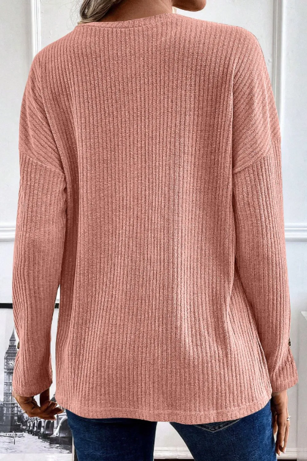 Quarter Button Round Neck Dropped Shoulder Knit Top, image 4