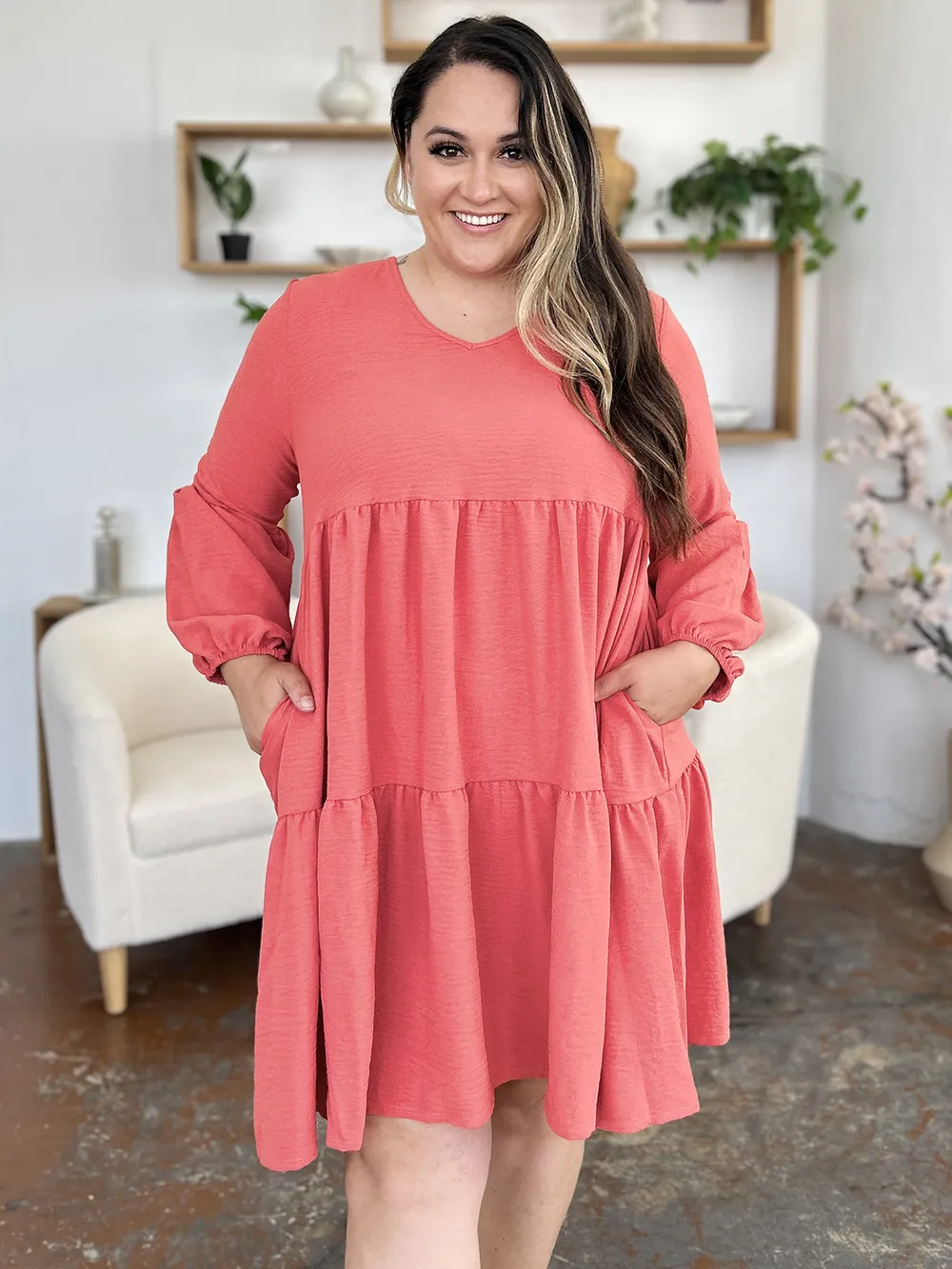 Full Size V-Neck Balloon Sleeve Tiered Dress with Pockets, image 6