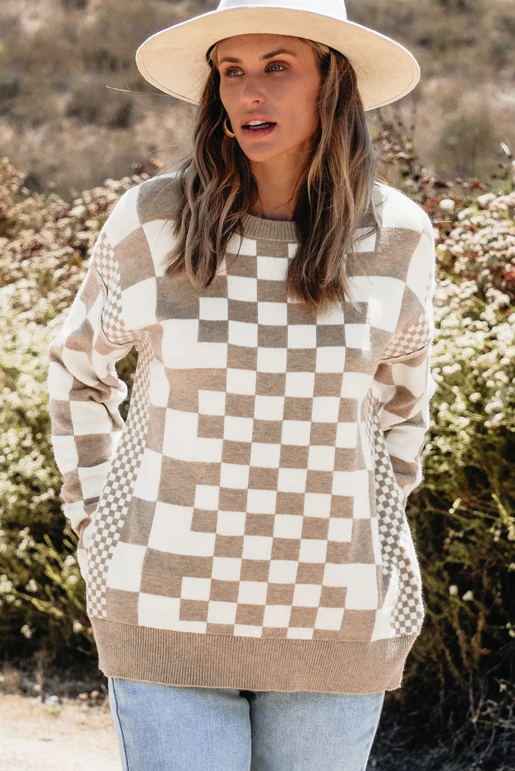 Checkered Round Neck Long Sleeve Sweater, image 3