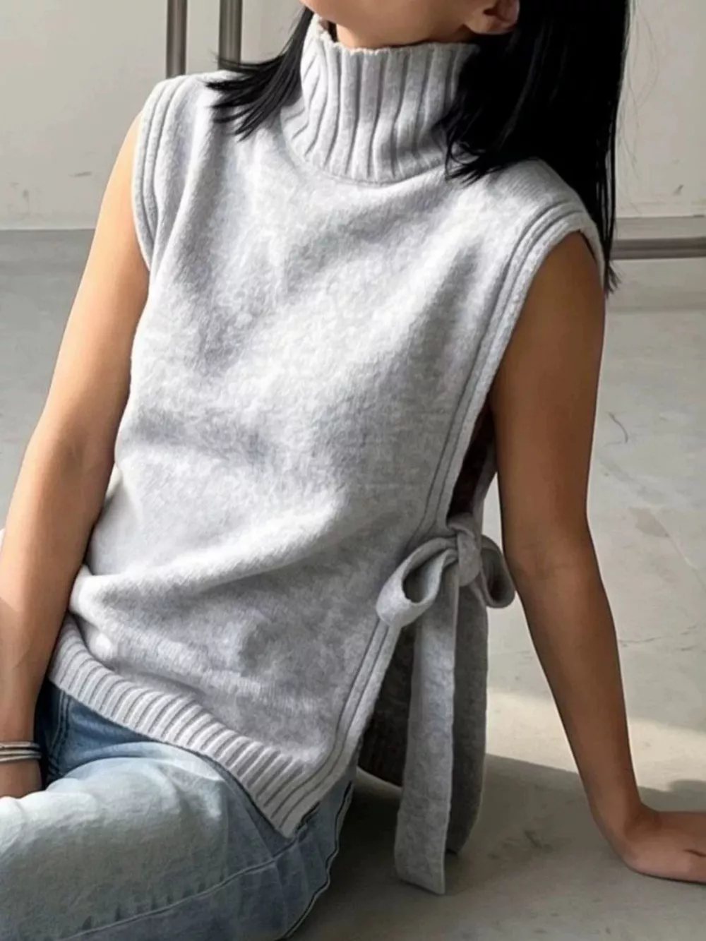 Turtleneck Side-Tie Knit Sweater Vest, image 5