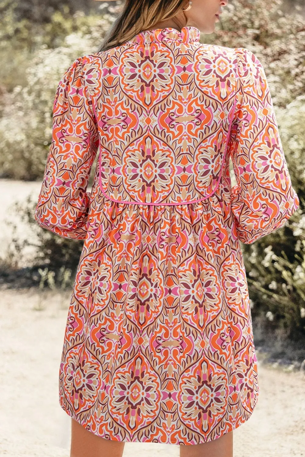 Printed Tie Neck Long Sleeve Mini Dress, image 4