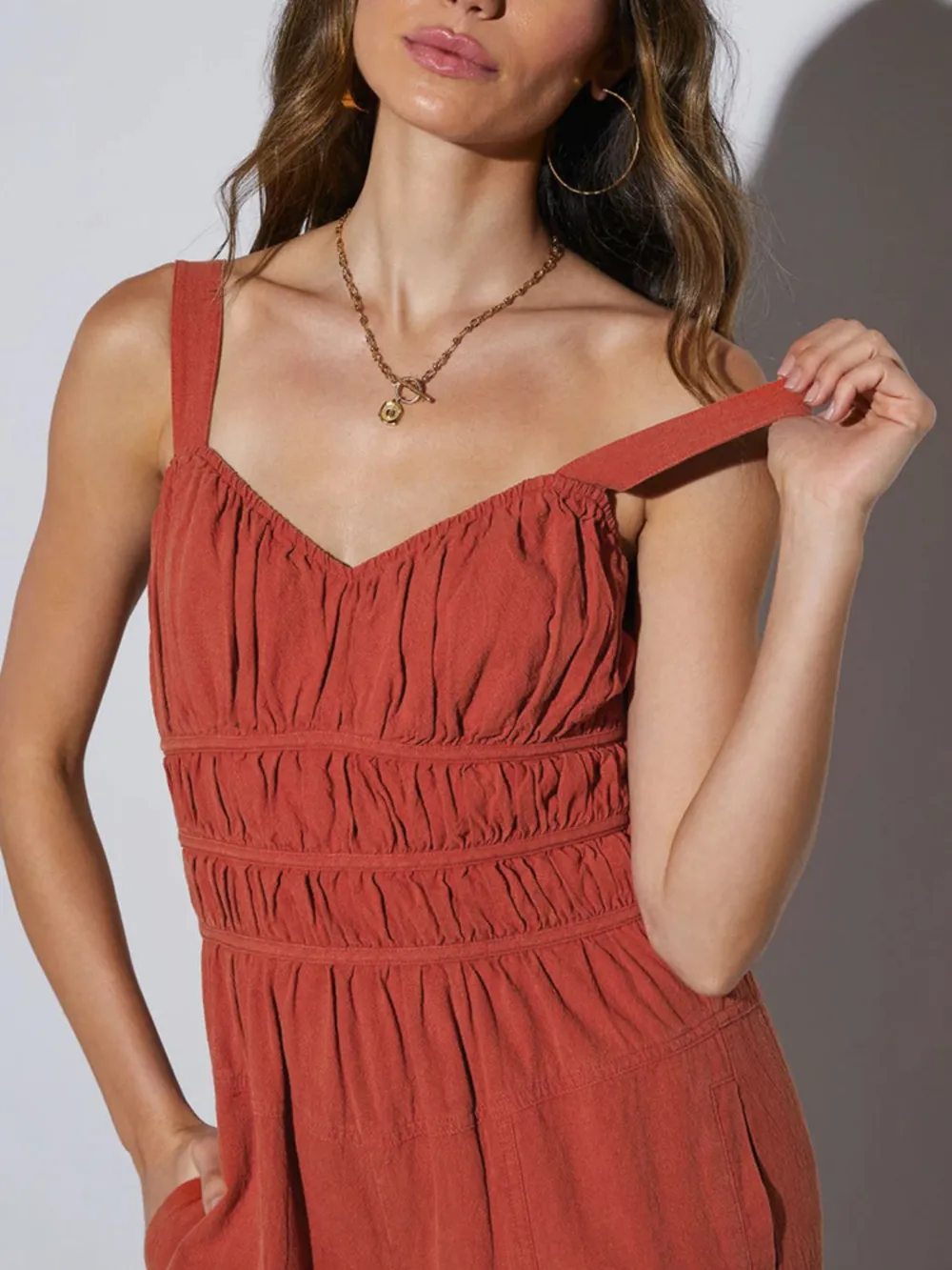 Ruched Wide Strap Jumpsuit with Pockets, image 2
