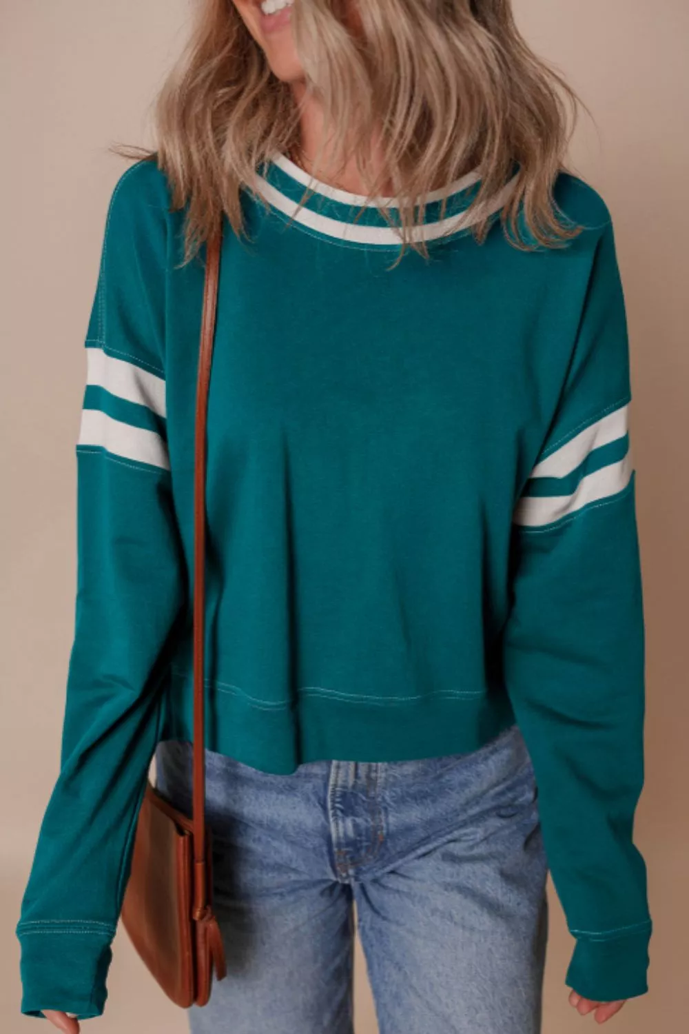 Contrast Striped Patchwork Round Neck Drop Shoulder Sweatshirt