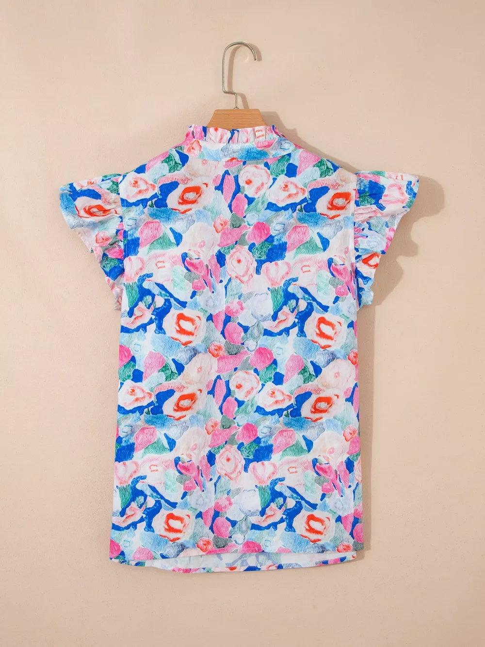 Floral Print Tie V Neck Contrast Detail Ruffle Short Sleeve Blouse, image 4