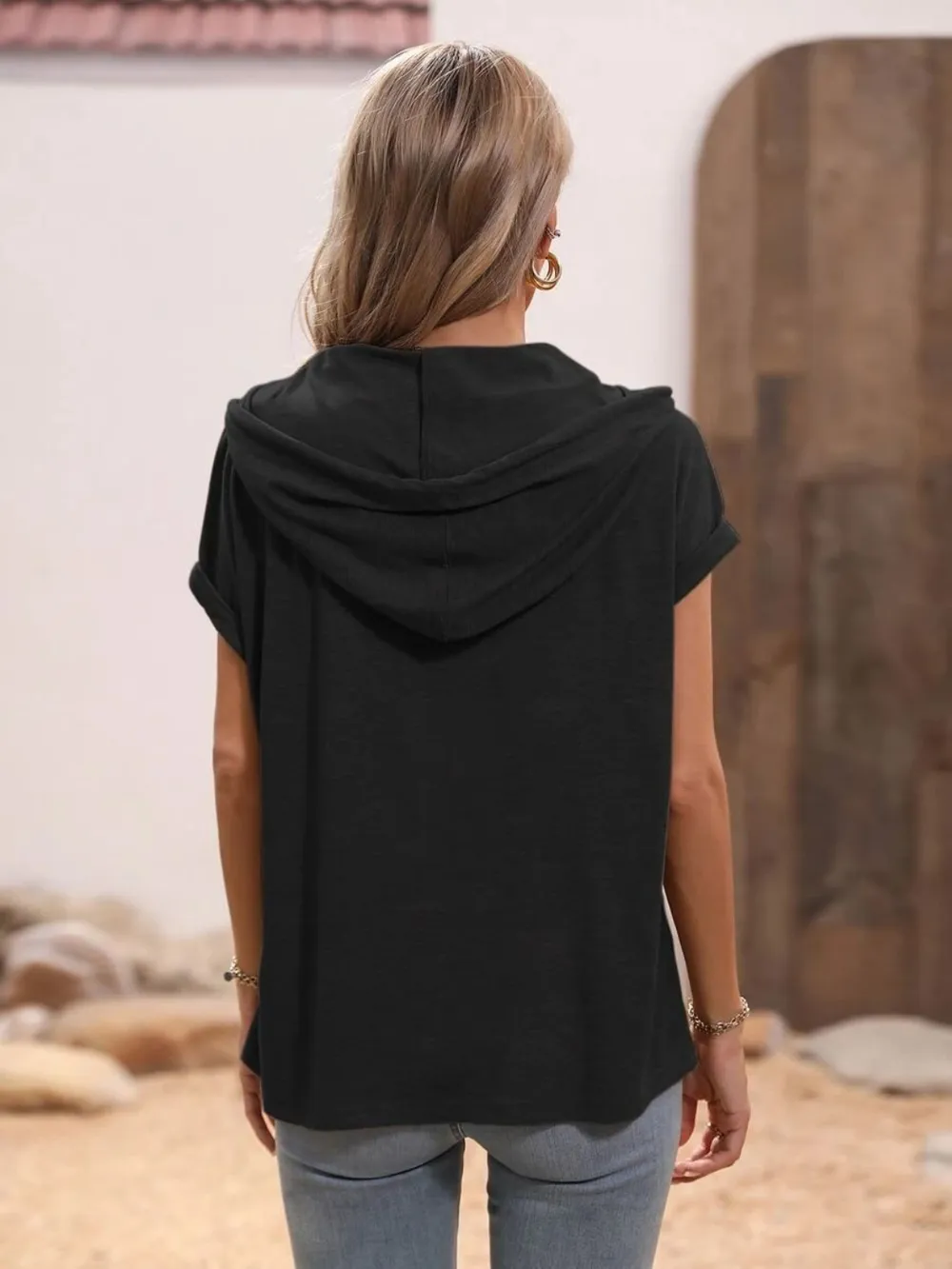 Half Button Hooded Short Sleeve Blouse, image 3
