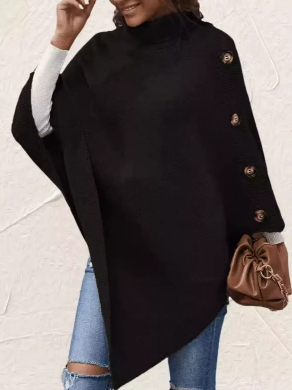 Button-Decor Turtleneck Poncho Pullover, image 4